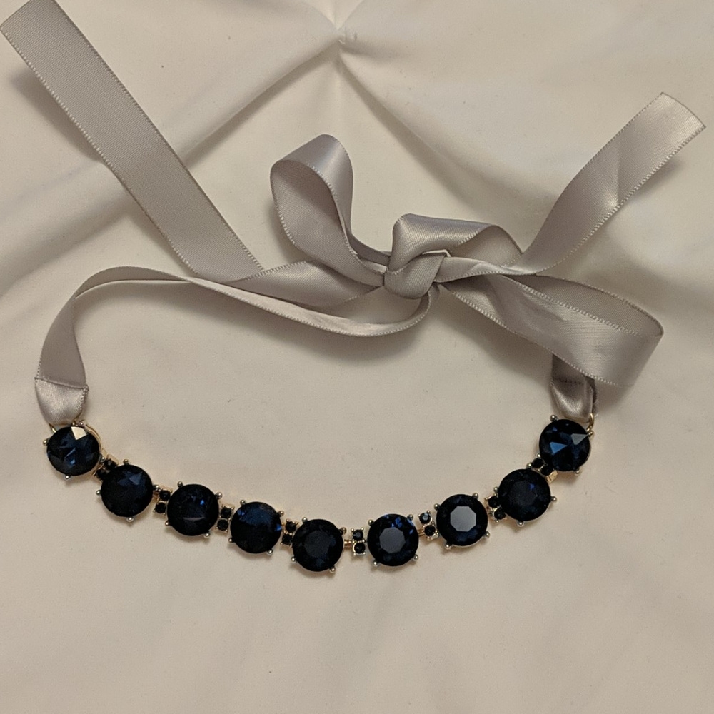 Choker dark blue jewels necklace with ribbon